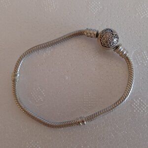 PANDORA Moments Sparkling Heart Clasp Snake Chain Bracelet Silver 6.3"
